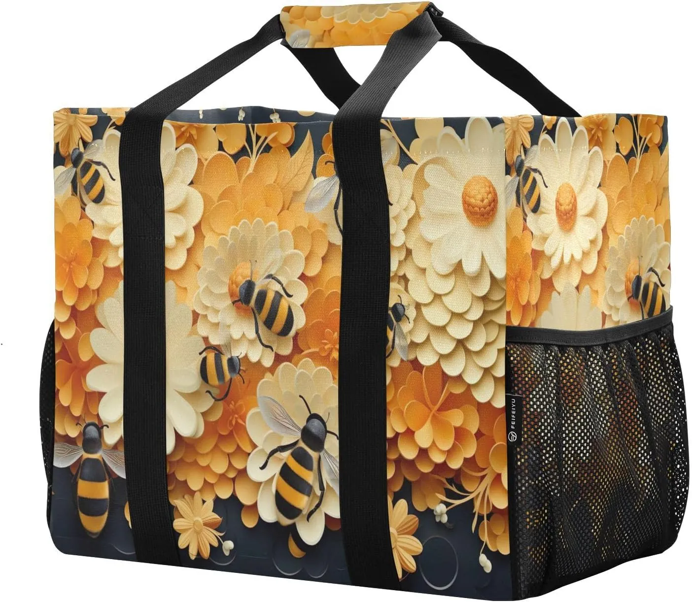 Bee Honey Flowers Foldable Travel Duffel Bag for Men Women Waterproof Weekender Overnight Carry On Tote Bag with Comfortable Handle Luggage Bag for Airplane Sport Hospital Business Trips