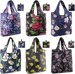 BeeGreen Floral Reusable Grocery Bags - X Large 50 LB Capacity,Foldable Tote Bag Gifts Fashionable Ripstop Polyester, Recyclable, Machine Washable Bulk Bags With Pouch - Ideal for Shopping