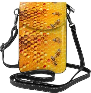 Bees on Hive Honeycomb Print Small Crossbody Bags for Women Leather Cell Phone Purses Mini Leather Shoulder Handbag Adjustable Strap