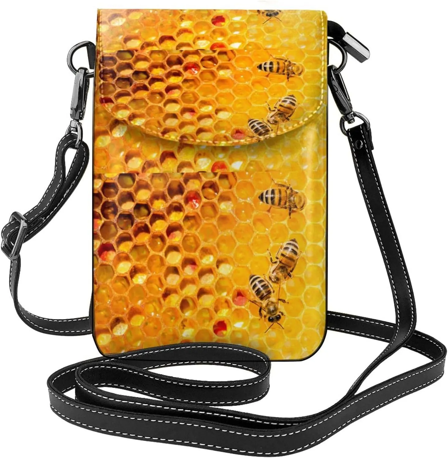 Bees on Hive Honeycomb Print Small Crossbody Bags for Women Leather Cell Phone Purses Mini Leather Shoulder Handbag Adjustable Strap