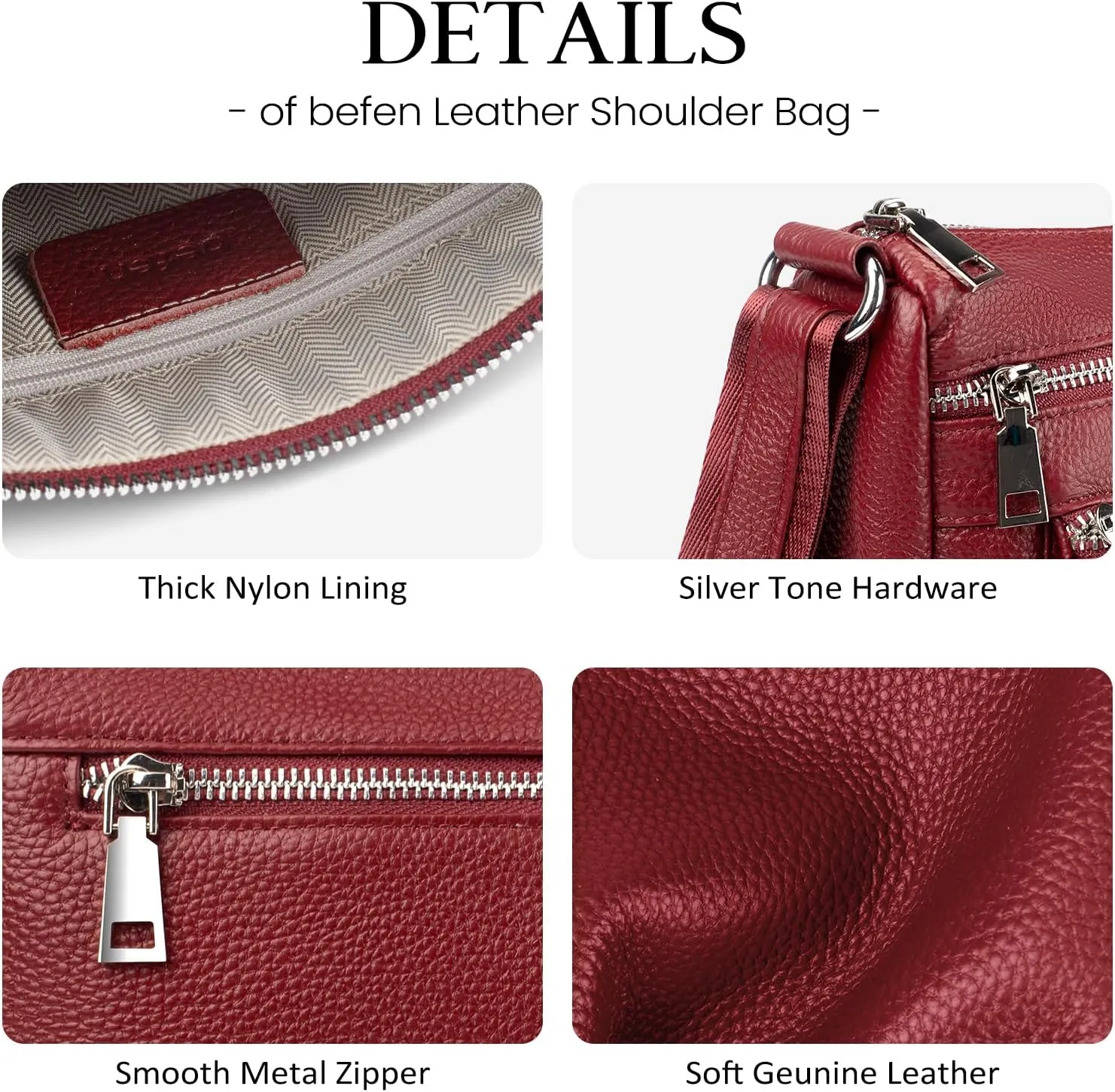befen Genuine Leather Crossbody Purses for Women, Woman Medium Pocketbooks Shoulder Bags Handbags with Multi Zipper Pockets