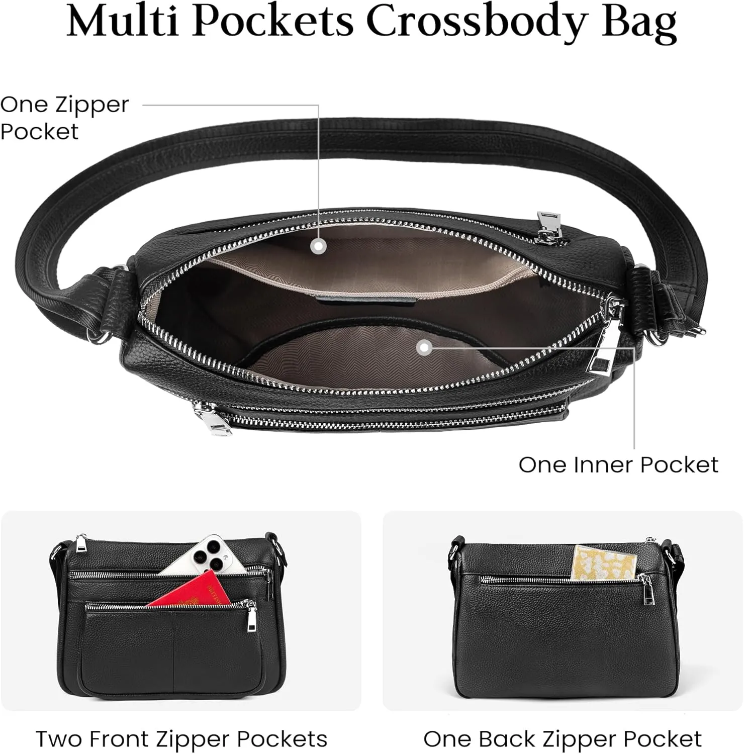 befen Genuine Leather Crossbody Purses for Women, Woman Medium Pocketbooks Shoulder Bags Handbags with Multi Zipper Pockets