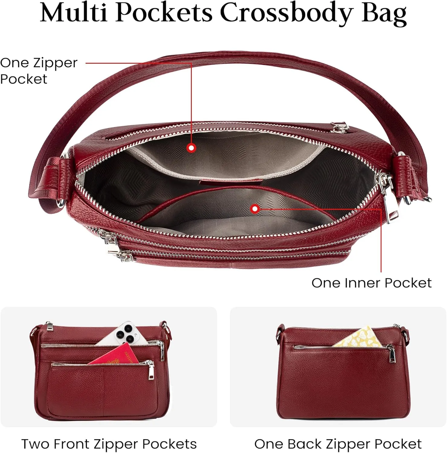 befen Genuine Leather Crossbody Purses for Women, Woman Medium Pocketbooks Shoulder Bags Handbags with Multi Zipper Pockets