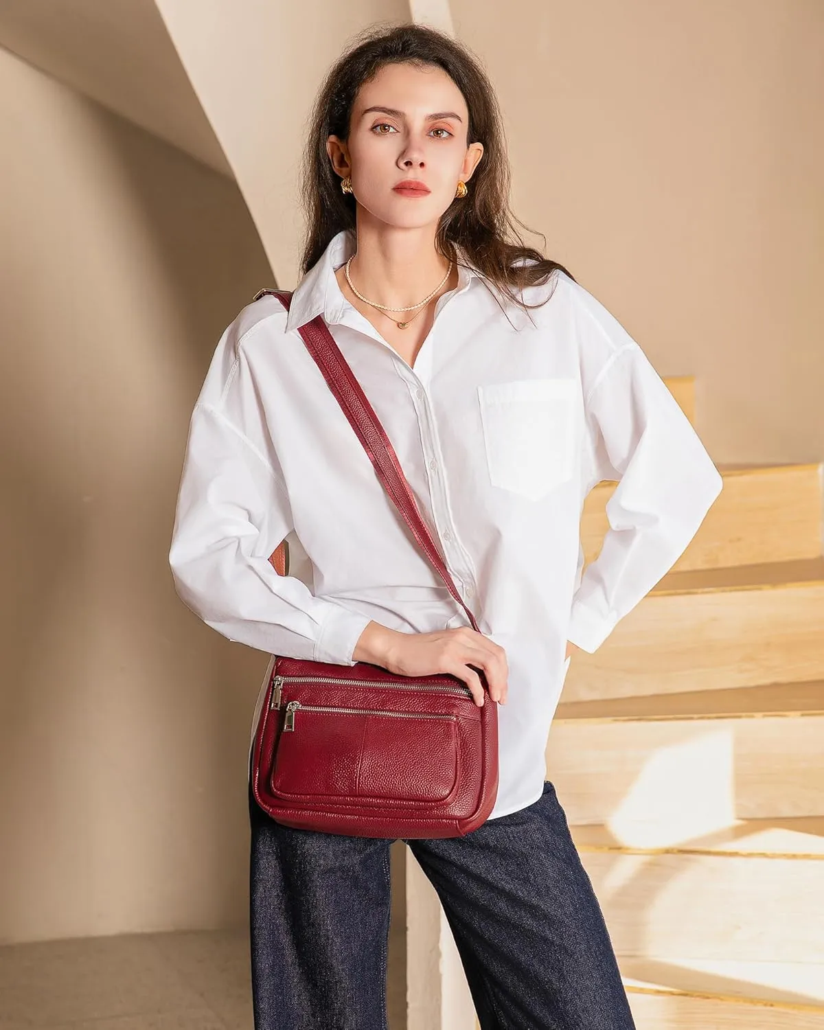 befen Genuine Leather Crossbody Purses for Women, Woman Medium Pocketbooks Shoulder Bags Handbags with Multi Zipper Pockets