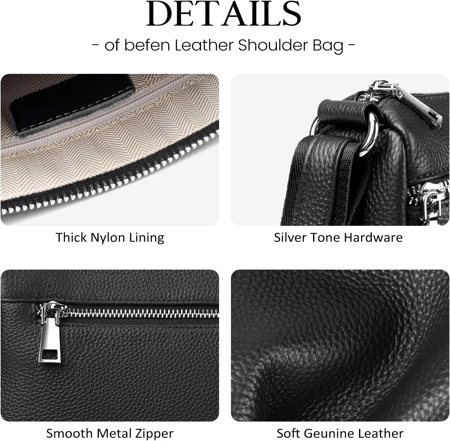 befen Genuine Leather Crossbody Purses for Women, Woman Medium Pocketbooks Shoulder Bags Handbags with Multi Zipper Pockets