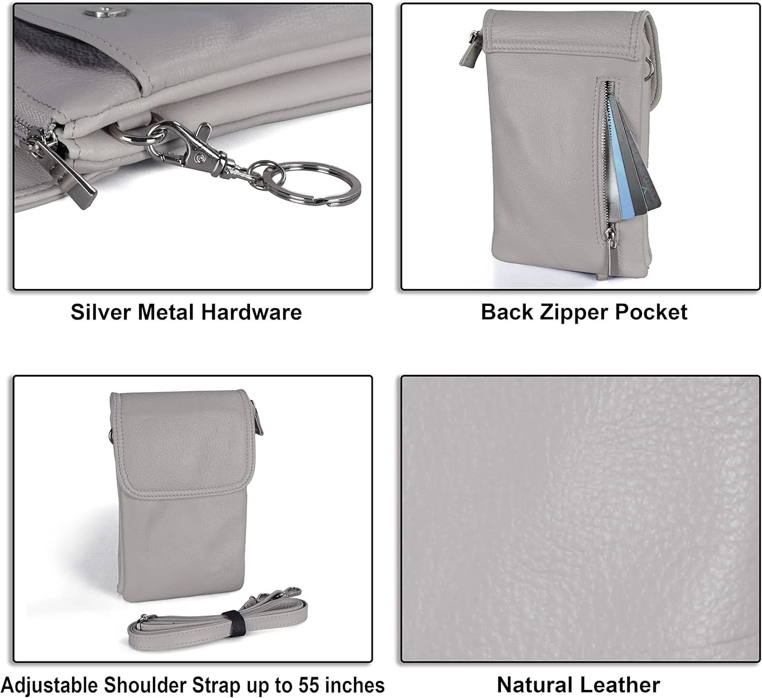befen Genuine Leather Small Crossbody Bags for Women Cell Phone Bag Cross Body Purses,Silver Zipper