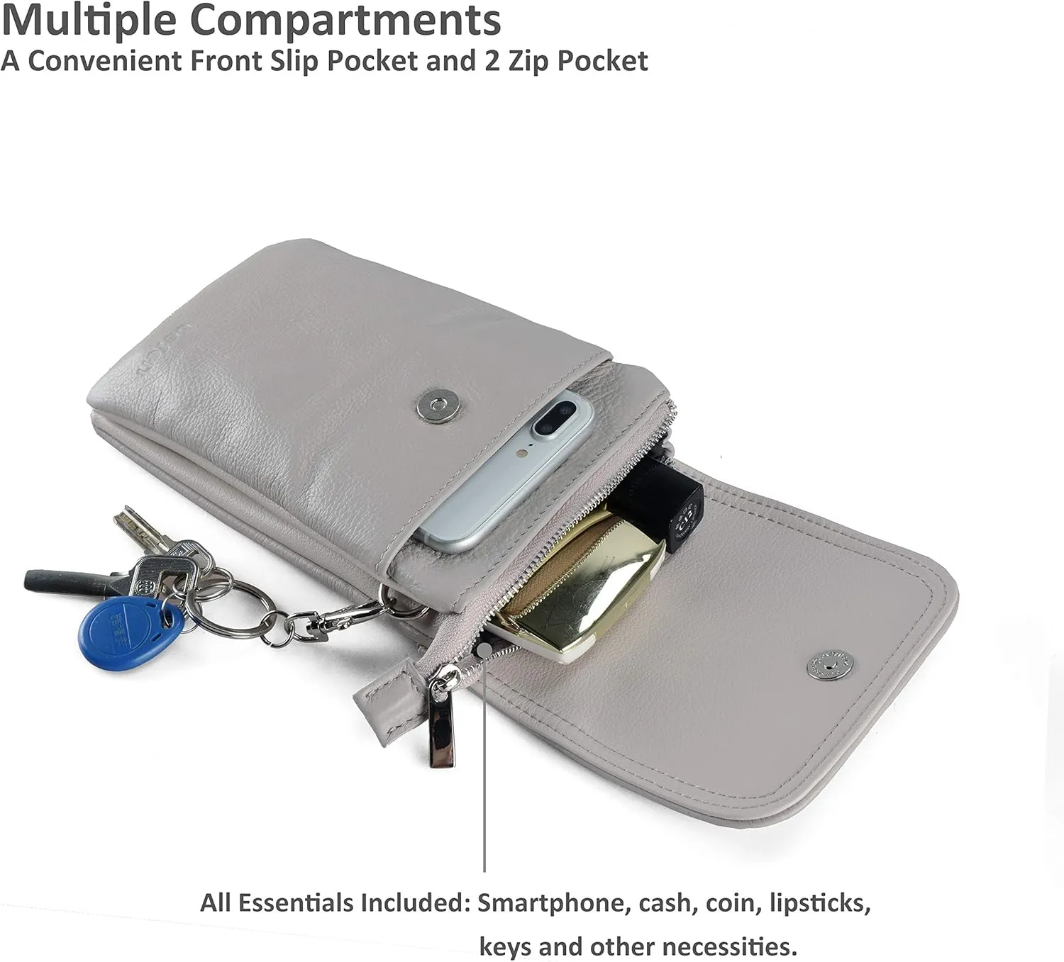 befen Genuine Leather Small Crossbody Bags for Women Cell Phone Bag Cross Body Purses,Silver Zipper