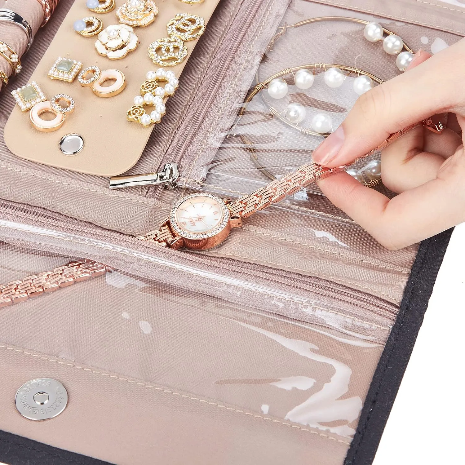 BELALIFE Travel Jewelry Case Organizer, Foldable Storage Roll for Earrings, Necklaces, Rings, Bracelets, Brooches, Black