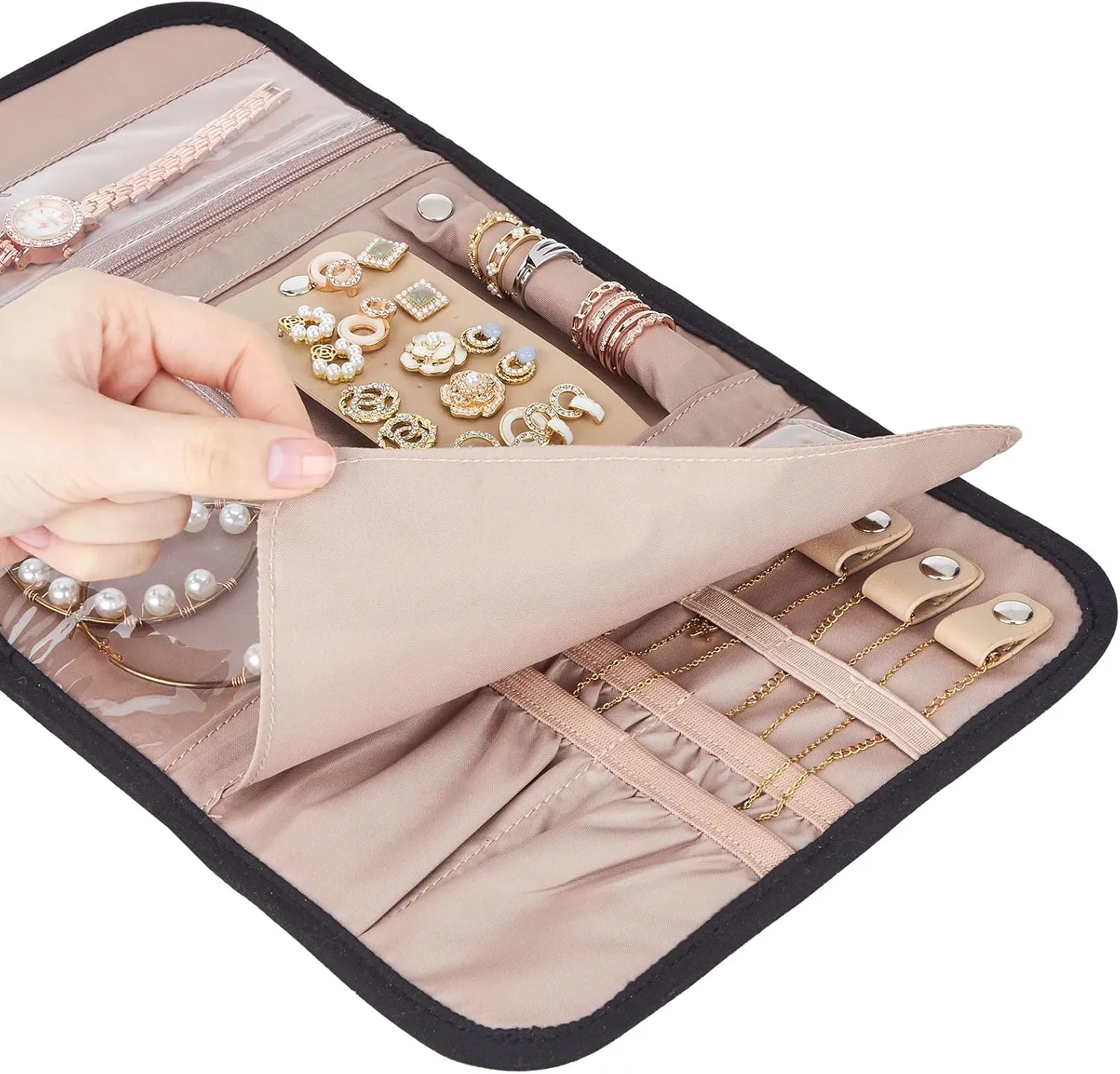 BELALIFE Travel Jewelry Case Organizer, Foldable Storage Roll for Earrings, Necklaces, Rings, Bracelets, Brooches, Black