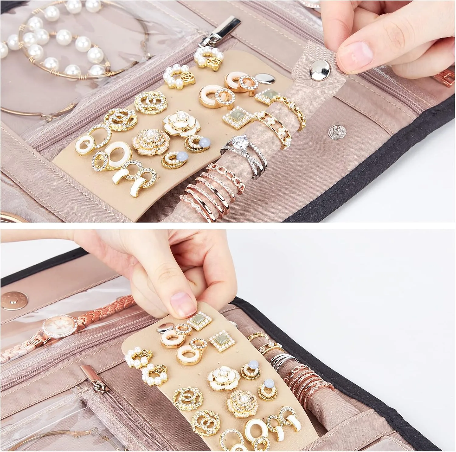 BELALIFE Travel Jewelry Case Organizer, Foldable Storage Roll for Earrings, Necklaces, Rings, Bracelets, Brooches, Black