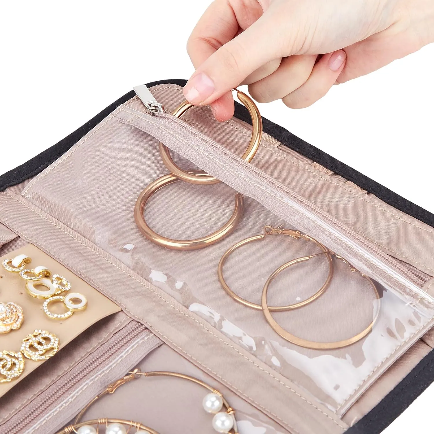BELALIFE Travel Jewelry Case Organizer, Foldable Storage Roll for Earrings, Necklaces, Rings, Bracelets, Brooches, Black