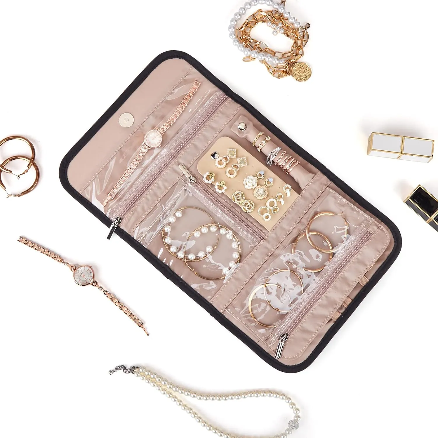 BELALIFE Travel Jewelry Case Organizer, Foldable Storage Roll for Earrings, Necklaces, Rings, Bracelets, Brooches, Black