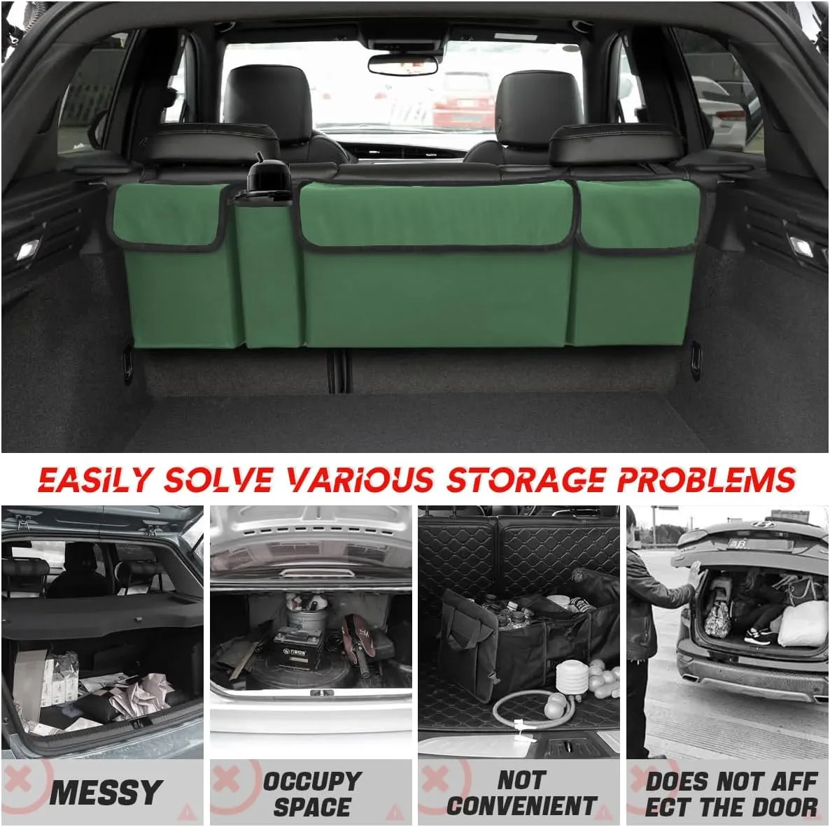 BELOMI Car Trunk Organizer, Auto Waterproof Sturdy Backseat Hanging Large Storage Collapsible Cargo Bag with Anti-Slip Adjustable Strip&4 Pockets, Vehicle Interior Accessories for Man Woman (Green)