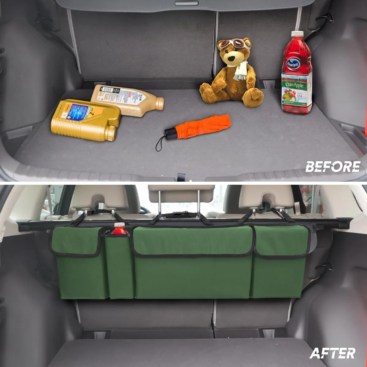 BELOMI Car Trunk Organizer, Auto Waterproof Sturdy Backseat Hanging Large Storage Collapsible Cargo Bag with Anti-Slip Adjustable Strip&4 Pockets, Vehicle Interior Accessories for Man Woman (Green)