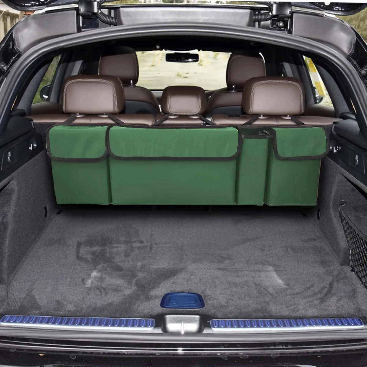BELOMI Car Trunk Organizer, Auto Waterproof Sturdy Backseat Hanging Large Storage Collapsible Cargo Bag with Anti-Slip Adjustable Strip&4 Pockets, Vehicle Interior Accessories for Man Woman (Green)