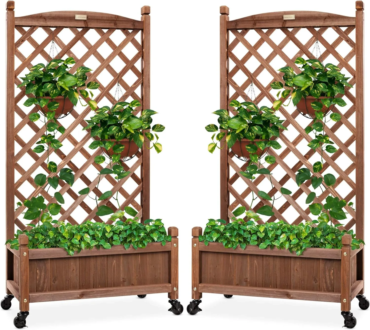 Best Choice Products Set of 2 48in Wood Planter Box & Diamond Lattice Trellis, Mobile Outdoor Raised Garden Bed for Climbing Plants w/Drainage Holes, Optional Wheels - Walnut