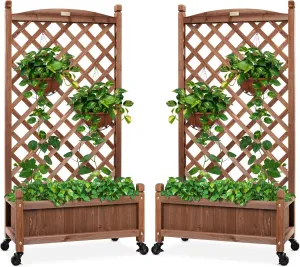 Best Choice Products Set of 2 48in Wood Planter Box & Diamond Lattice Trellis, Mobile Outdoor Raised Garden Bed for Climbing Plants w/Drainage Holes, Optional Wheels - Walnut