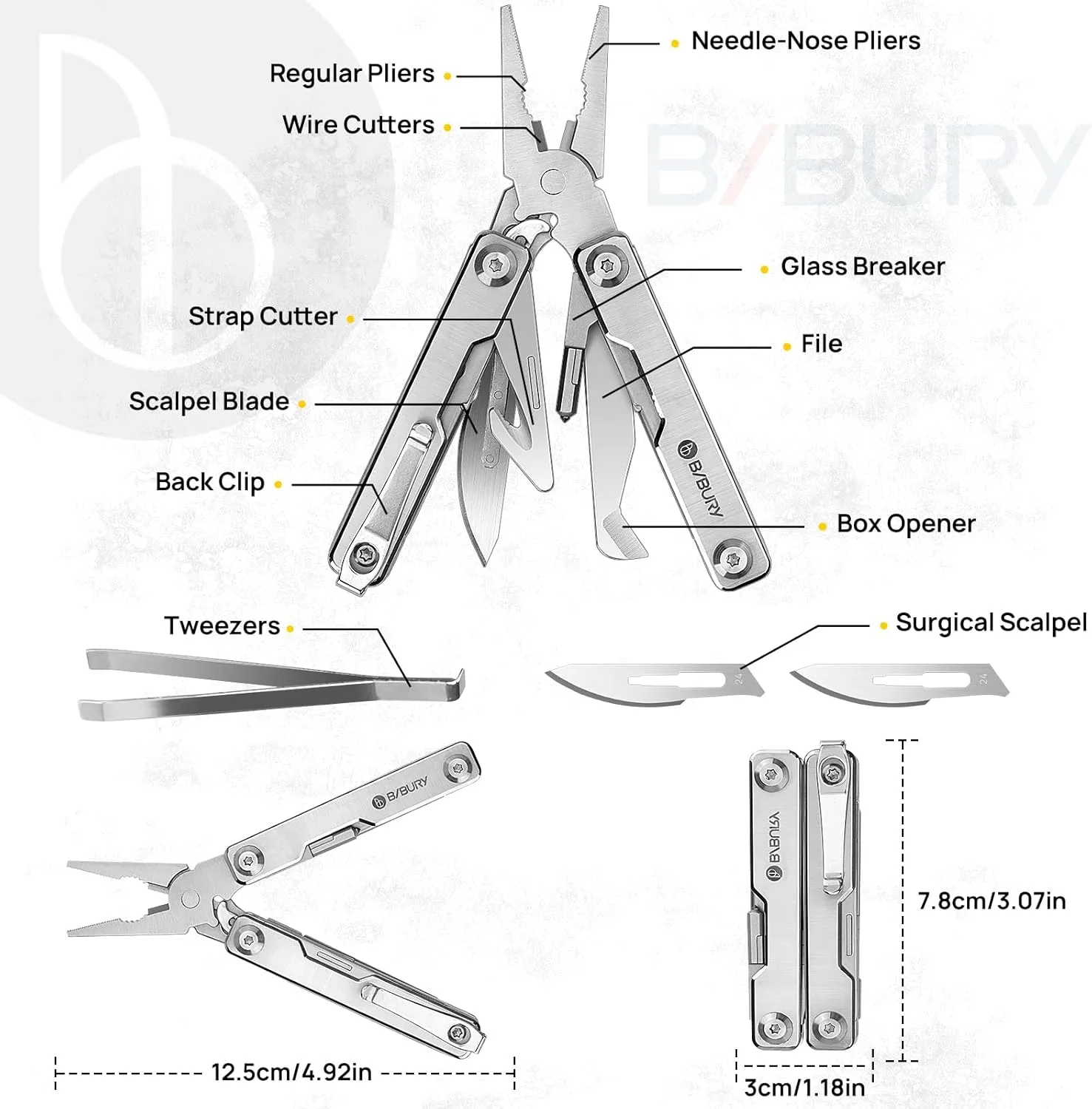 BIBURY Mini Multitool Pliers BI2051A, Mini Pocket Pliers with Window Breaker, Seat Belt Cutter, Bottle Opener for Outdoor Survival, EDC Multi Tool with Pocket Clip, Gifts for Men & Women