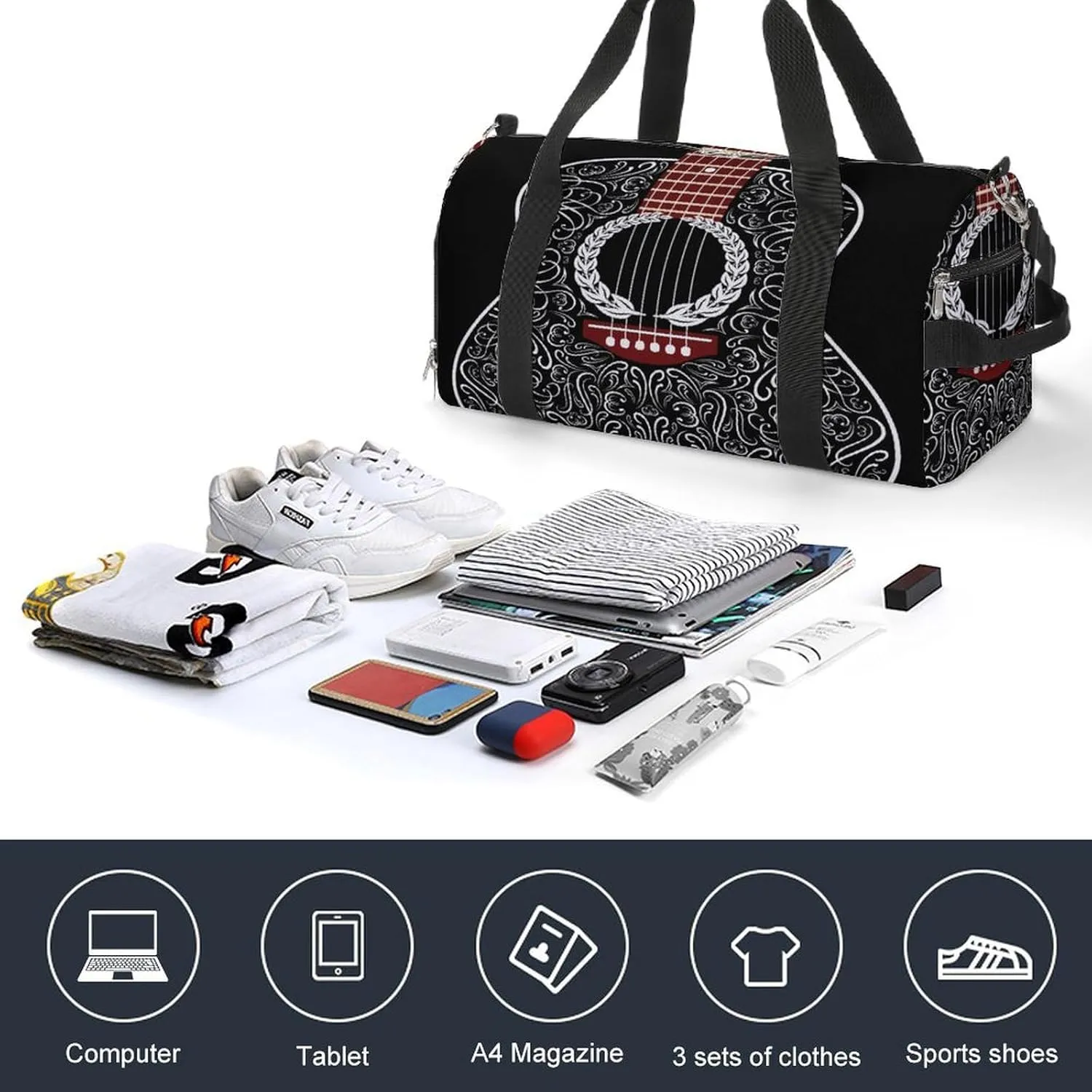 Black Acoustic Guitar Print Duffel Bag for Boys Girls with Waterproof Shoe Compartment
