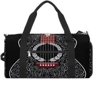 Black Acoustic Guitar Print Duffel Bag for Boys Girls with Waterproof Shoe Compartment