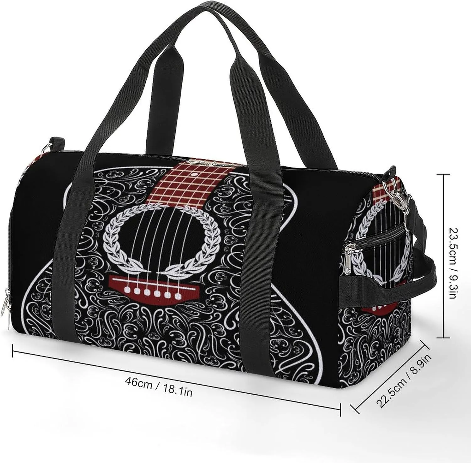 Black Acoustic Guitar Print Duffel Bag for Boys Girls with Waterproof Shoe Compartment