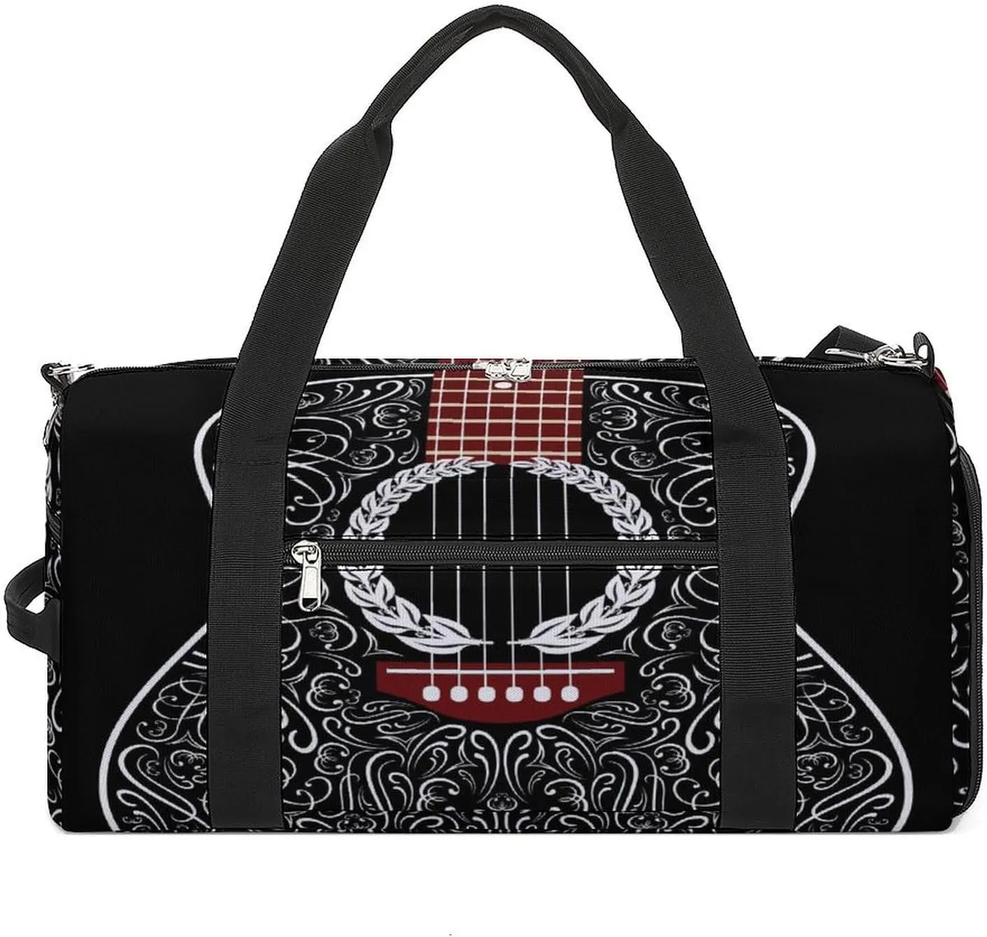 Black Acoustic Guitar Print Duffel Bag for Boys Girls with Waterproof Shoe Compartment