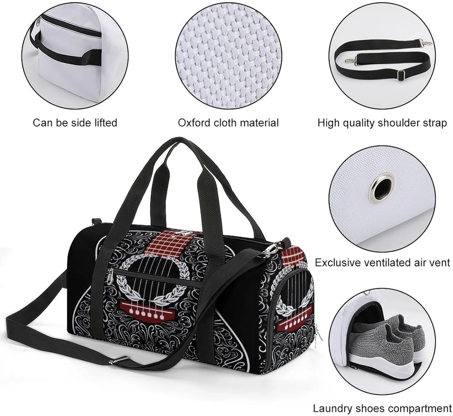 Black Acoustic Guitar Print Duffel Bag for Boys Girls with Waterproof Shoe Compartment