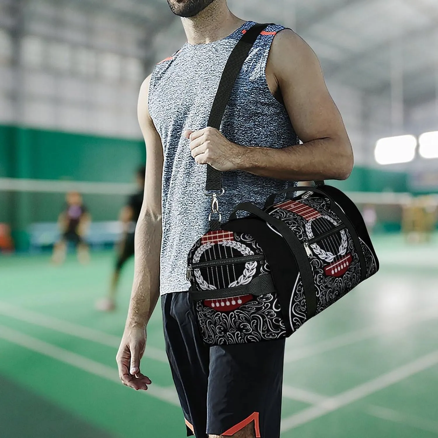 Black Acoustic Guitar Print Duffel Bag for Boys Girls with Waterproof Shoe Compartment