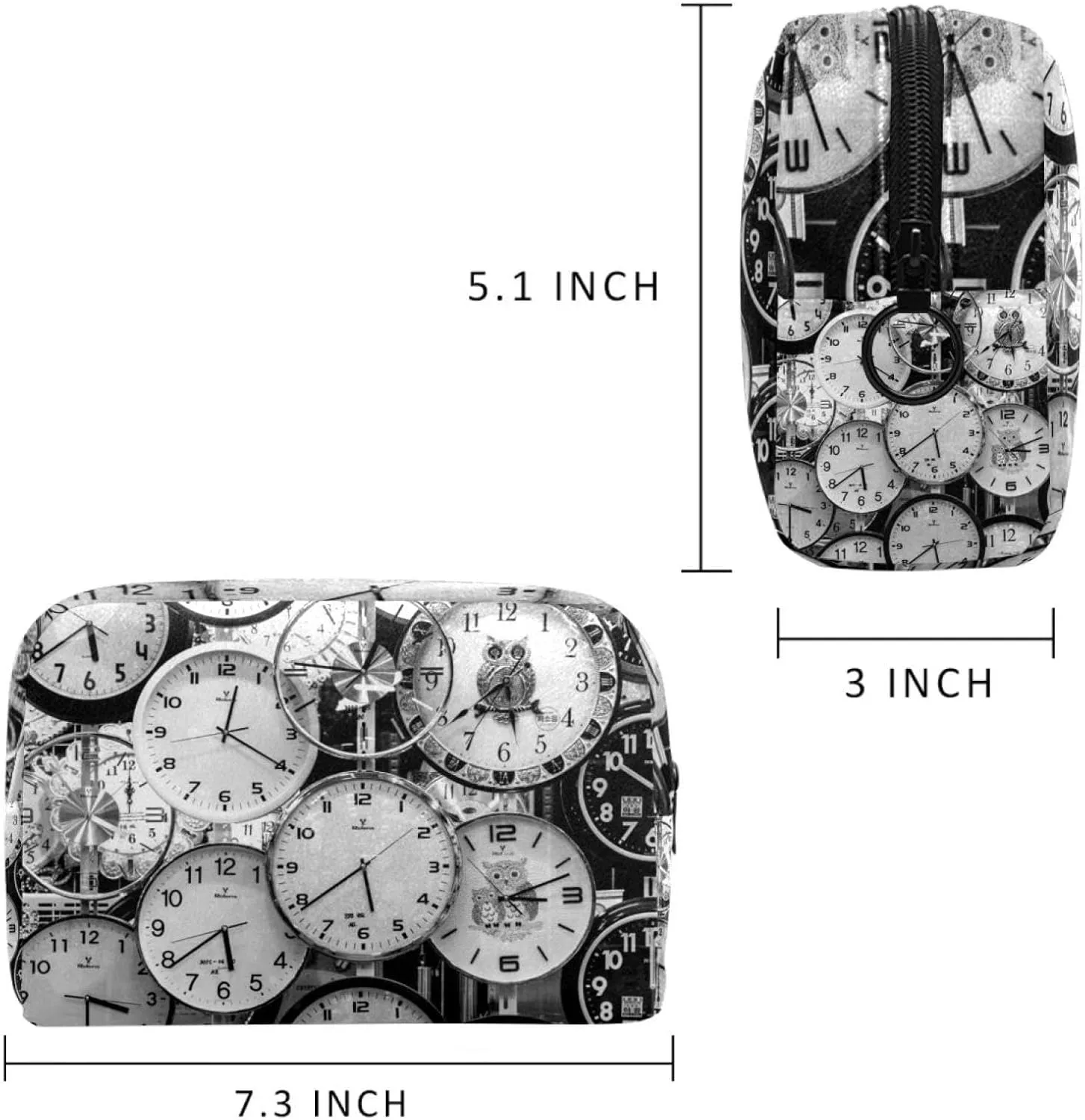 Black and White Clocks Aesthetic Pattern Cosmetic Makeup Bags, Small Travel Zipper Pouch Portable Toiletry Bag Makeup Organizer for Women Teen Girls