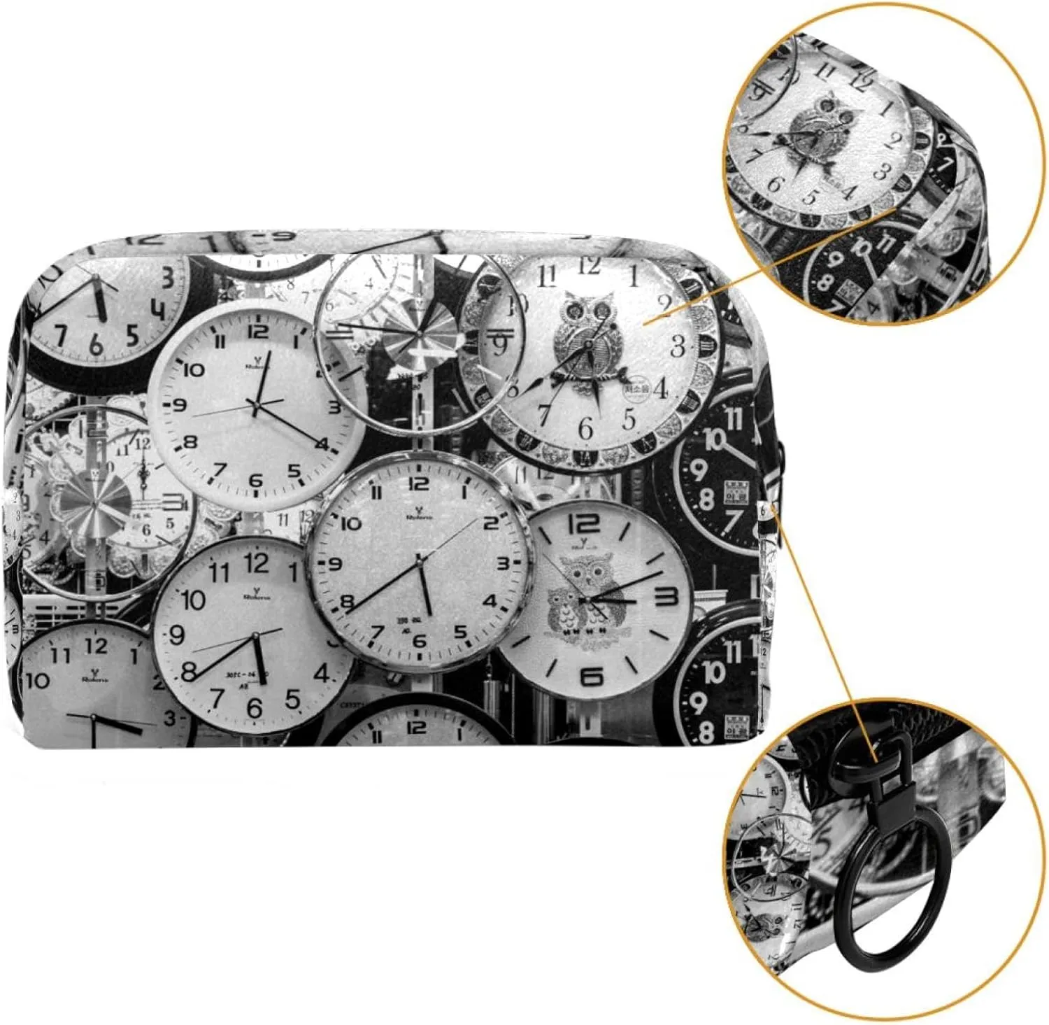 Black and White Clocks Aesthetic Pattern Cosmetic Makeup Bags, Small Travel Zipper Pouch Portable Toiletry Bag Makeup Organizer for Women Teen Girls