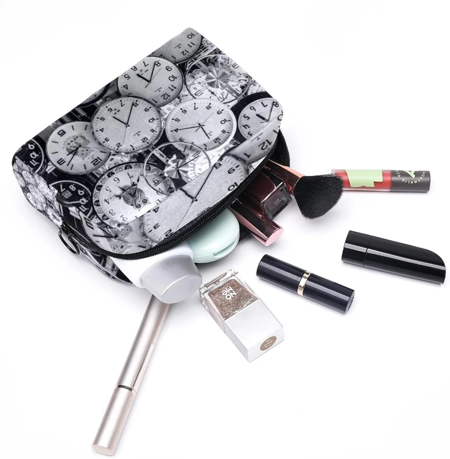 Black and White Clocks Aesthetic Pattern Cosmetic Makeup Bags, Small Travel Zipper Pouch Portable Toiletry Bag Makeup Organizer for Women Teen Girls