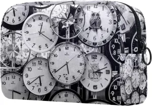 Black and White Clocks Aesthetic Pattern Cosmetic Makeup Bags, Small Travel Zipper Pouch Portable Toiletry Bag Makeup Organizer for Women Teen Girls