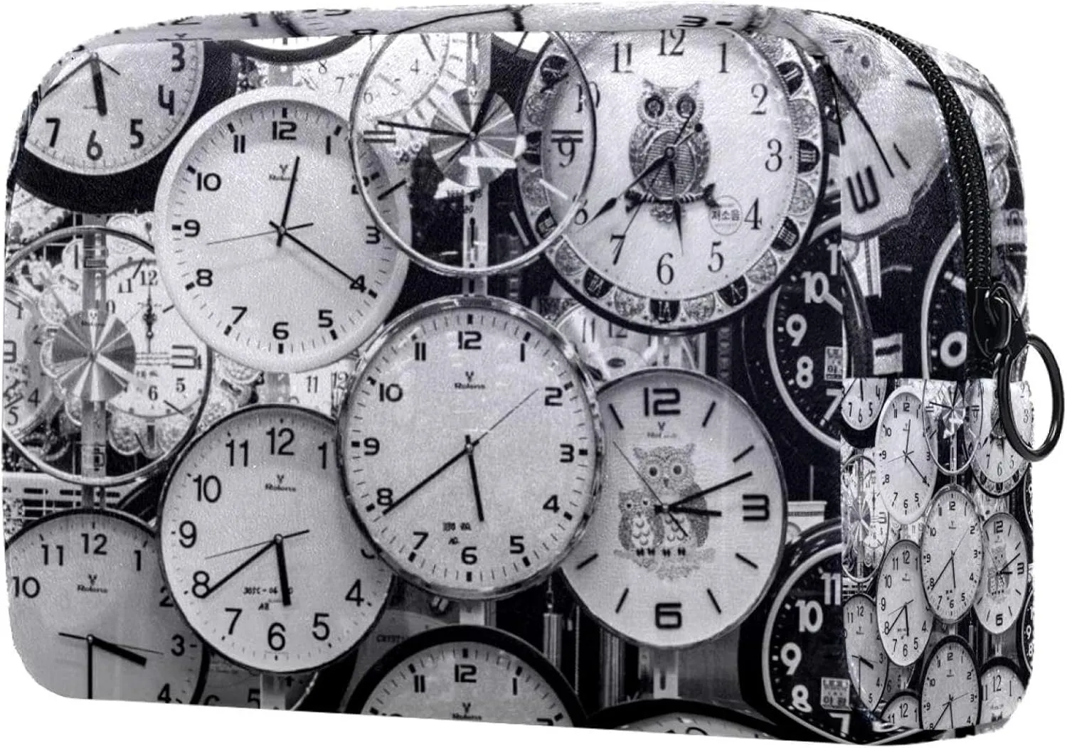 Black and White Clocks Aesthetic Pattern Cosmetic Makeup Bags, Small Travel Zipper Pouch Portable Toiletry Bag Makeup Organizer for Women Teen Girls