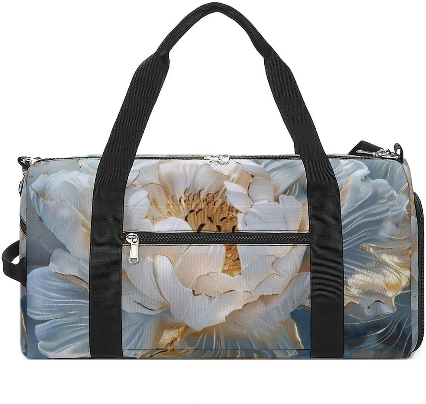 Black And White Peony Flower Sports Gym Bag for Men Women Travel Duffel Bag with Shoulder Strap