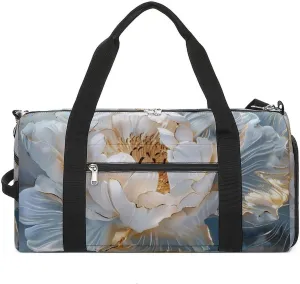 Black And White Peony Flower Sports Gym Bag for Men Women Travel Duffel Bag with Shoulder Strap