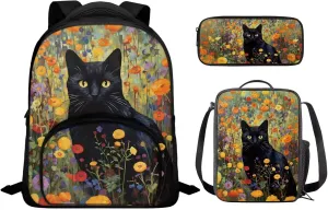 Black Cat Toddler Backpack and Lunch Box Set with Pencil Box Case Boys Preschool Backpack Cute Bookbag for Teen Girls Gift for Back-To-School Season,Birthdays,Etc