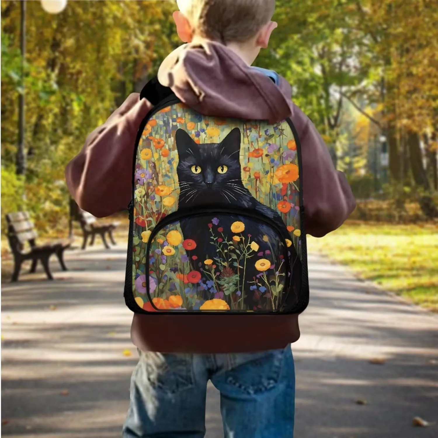 Black Cat Toddler Backpack and Lunch Box Set with Pencil Box Case Boys Preschool Backpack Cute Bookbag for Teen Girls Gift for Back-To-School Season,Birthdays,Etc