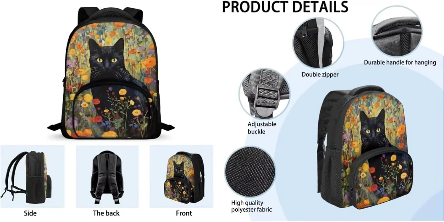 Black Cat Toddler Backpack and Lunch Box Set with Pencil Box Case Boys Preschool Backpack Cute Bookbag for Teen Girls Gift for Back-To-School Season,Birthdays,Etc