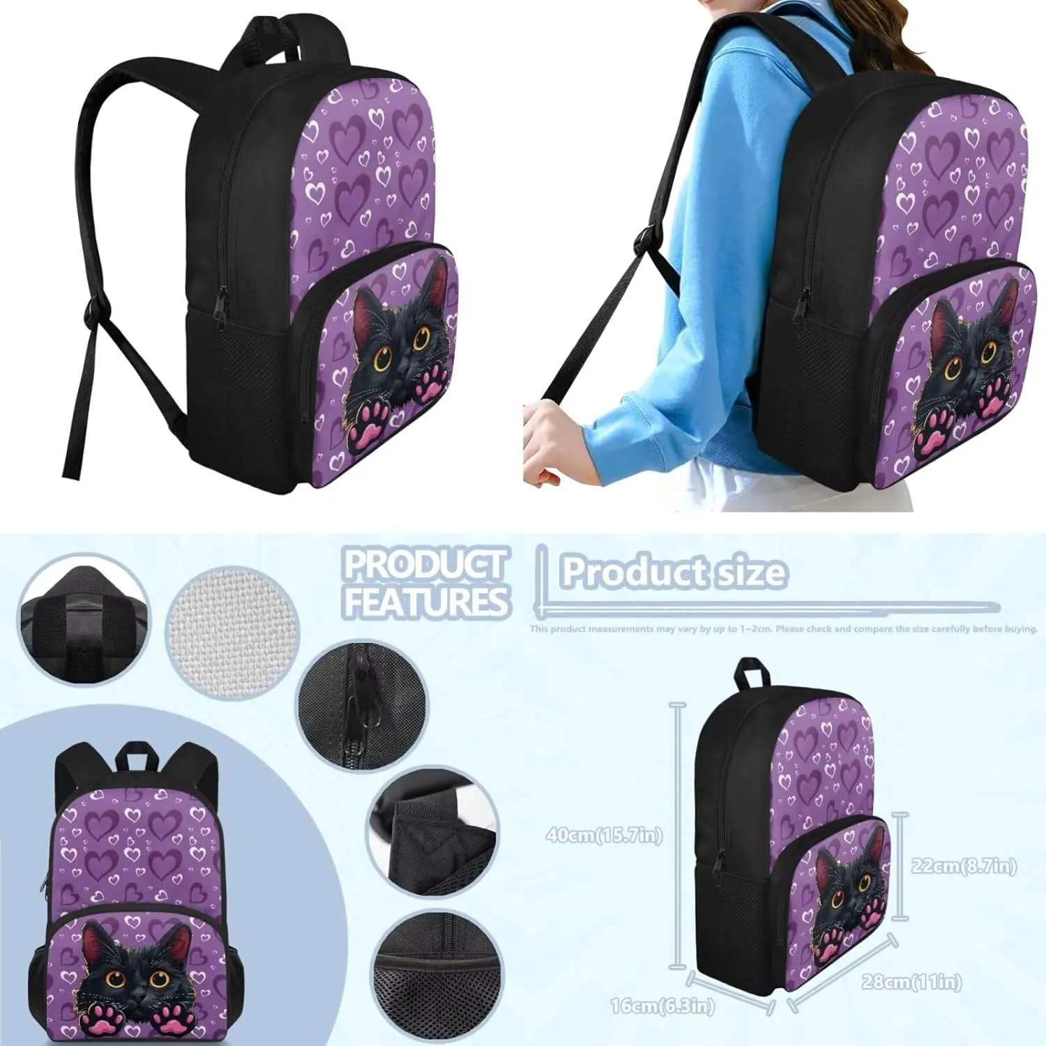 Black Cat Toddler Girl Backpack and Lunch Box Set 12 School Bags for Teen Boys Back to School Stylish School Backpack Gift for Birthdays,Thanksgiving Day,Christmas,New Year