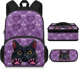 Black Cat Toddler Girl Backpack and Lunch Box Set 12 School Bags for Teen Boys Back to School Stylish School Backpack Gift for Birthdays,Thanksgiving Day,Christmas,New Year