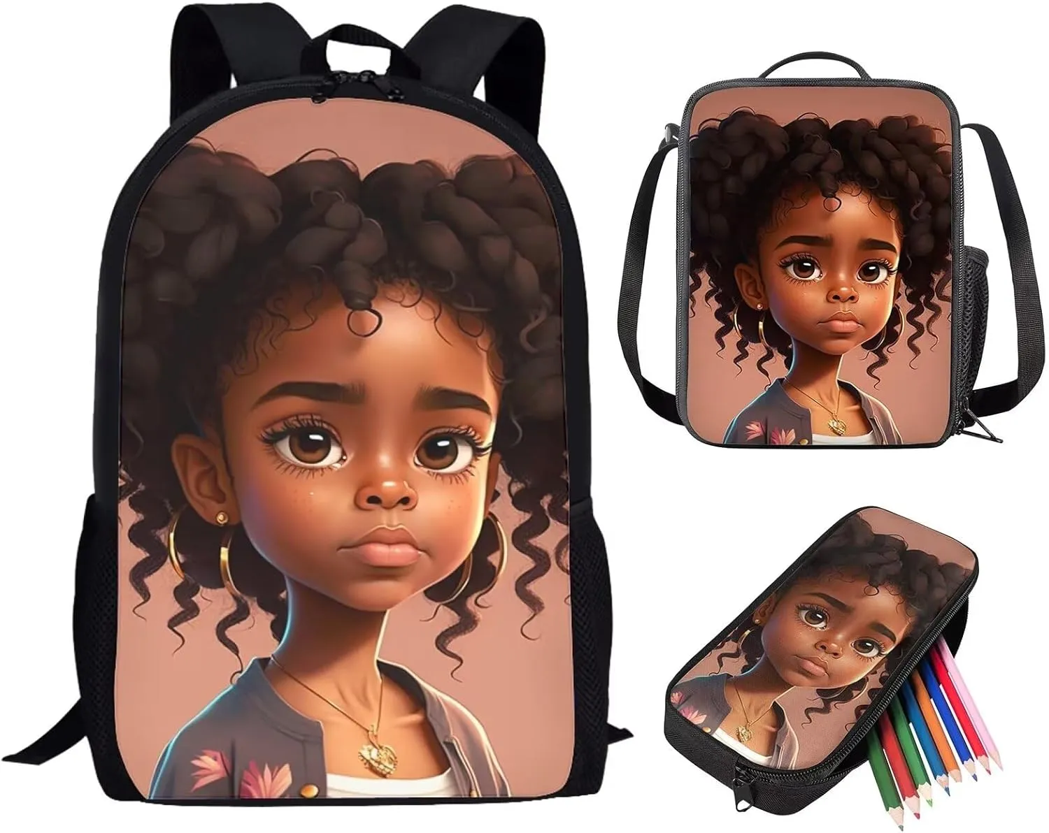 Black Girl Backpack African American Girls School Bag Set Kids Backpack with Lunch Bag Pencil Case Girls Middle School Bookbag Back Packs