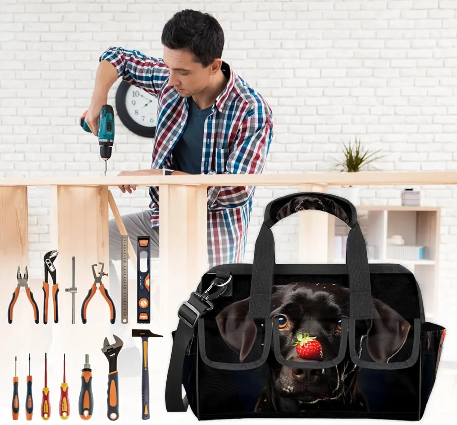 Black Labrador Funny Dog Tool Bags for Men and Women 14.8 Inch, Heavy Duty Waterproof Tool Box Organizer Bag, Wide Mouth Tool Tote Storage Bag with Adjustable Shoulder Strap