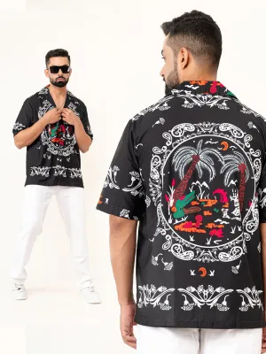 Black Paisley Printed Oversized Half Sleeves Crepe Shirt