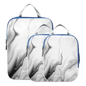 Black White Liquid Marble Agate Slab Paint Pastel Macro Wavy 3 Piece set Cubes Expandable Adjustable Luggage Packing Bags, Ultralight Organizer Accessories Travel Suitcase Compressible Bags