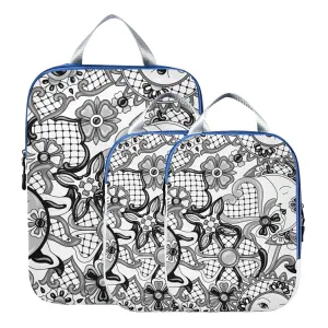 Black White Mexican Traditional Talavera Ceramic Ethnic Folk Motifs 3 Piece set Cubes Expandable Adjustable Luggage Packing Bags, Ultralight Organizer Accessories Travel Suitcase Compressible Bags