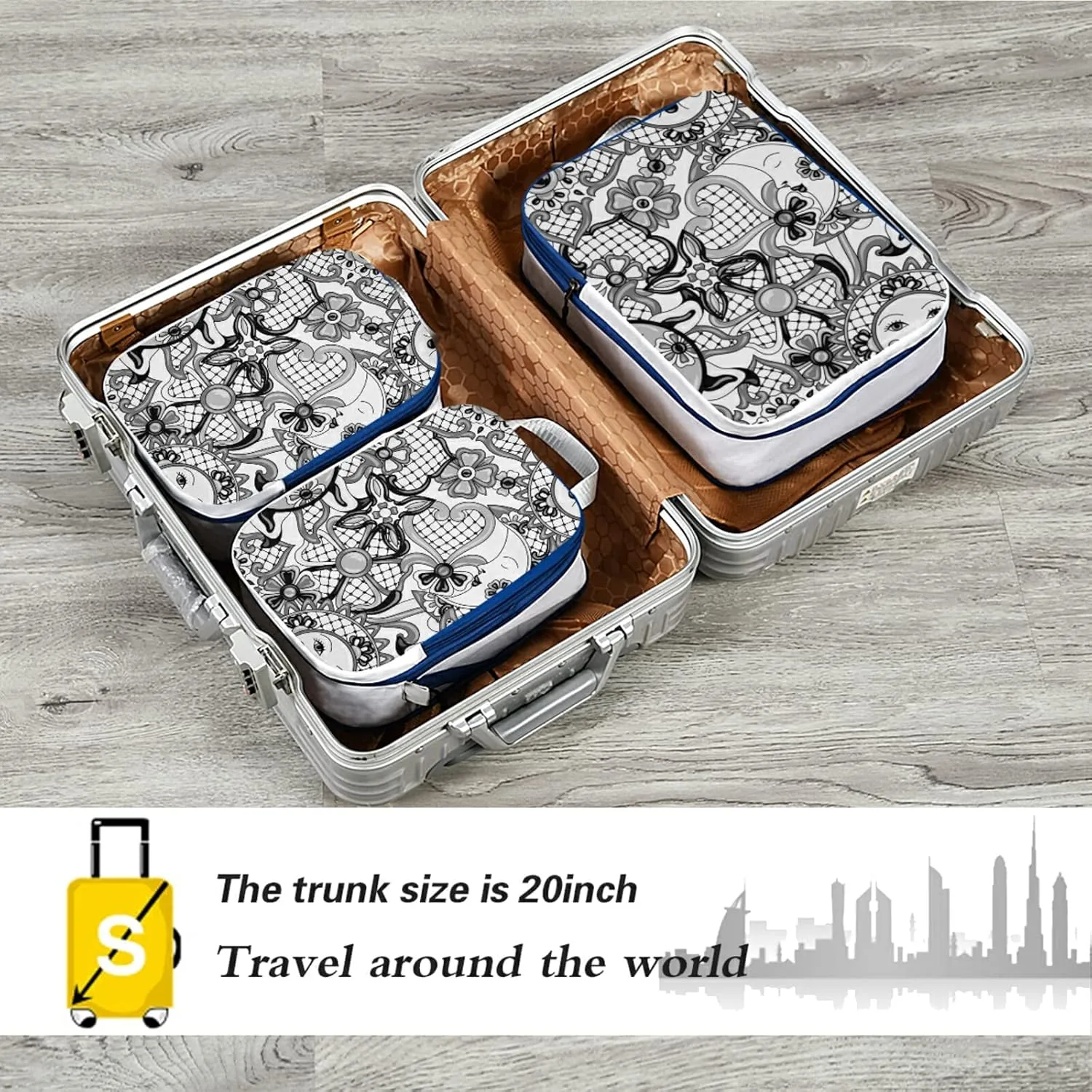 Black White Mexican Traditional Talavera Ceramic Ethnic Folk Motifs 3 Piece set Cubes Expandable Adjustable Luggage Packing Bags, Ultralight Organizer Accessories Travel Suitcase Compressible Bags