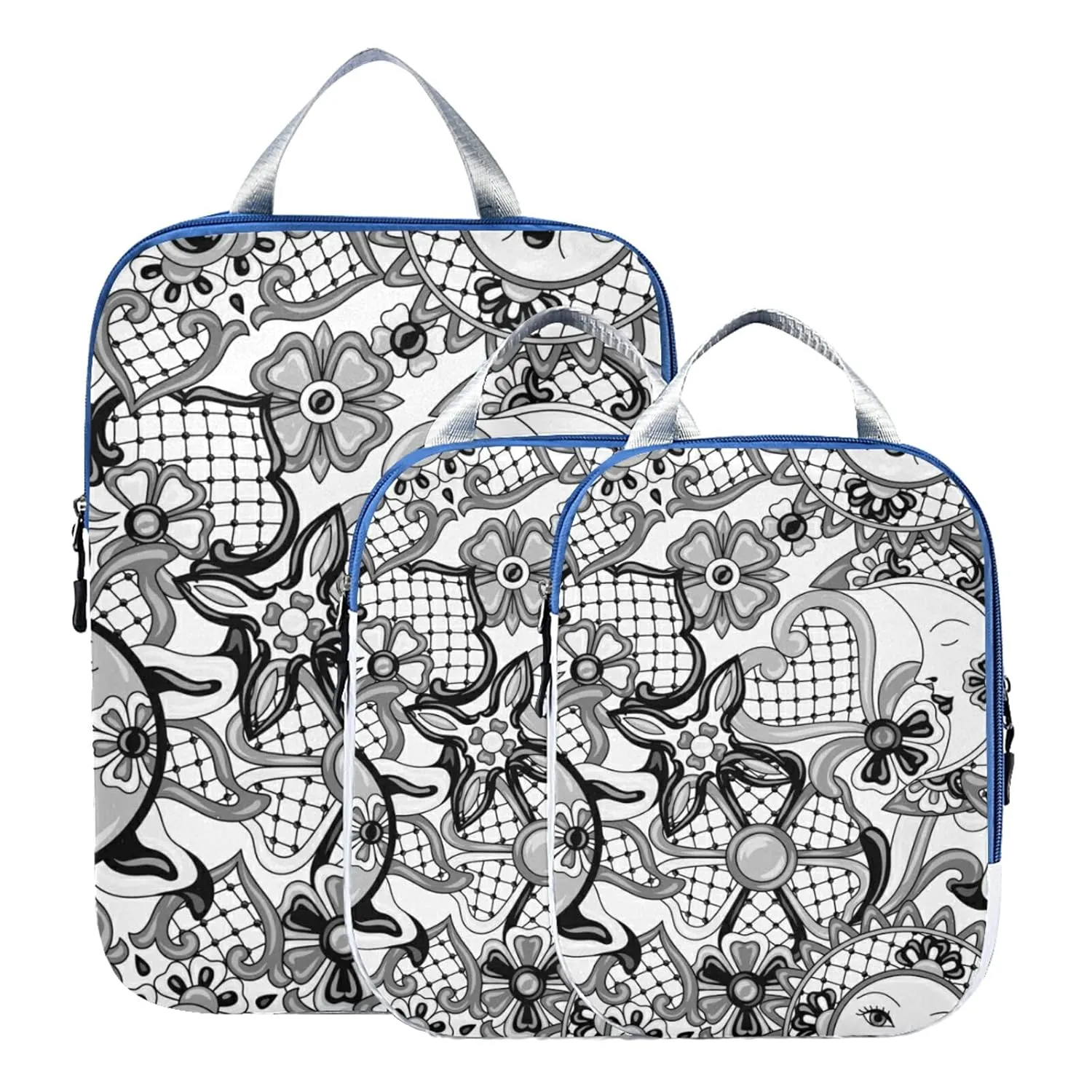 Black White Mexican Traditional Talavera Ceramic Ethnic Folk Motifs 3 Piece set Cubes Expandable Adjustable Luggage Packing Bags, Ultralight Organizer Accessories Travel Suitcase Compressible Bags