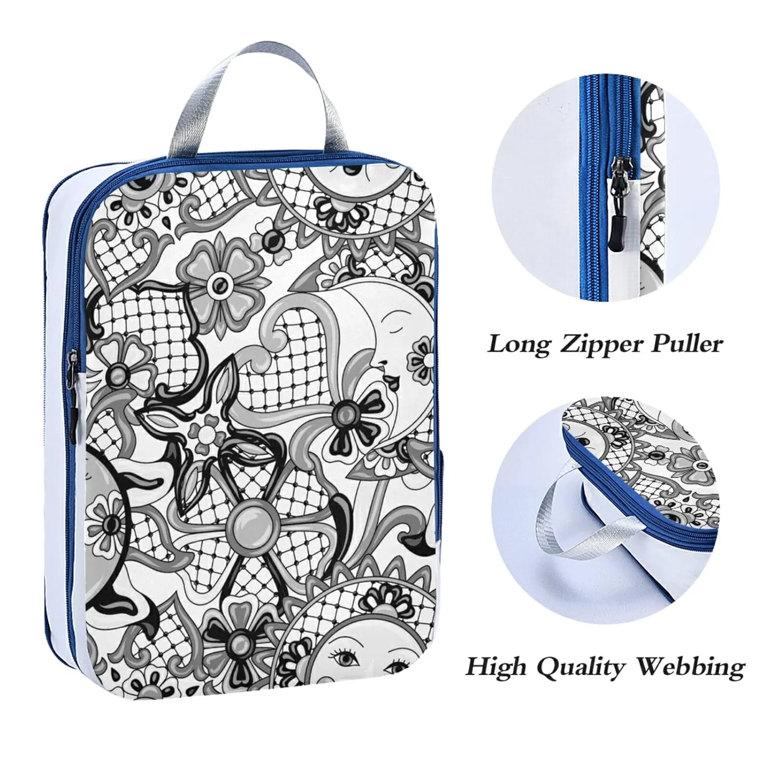 Black White Mexican Traditional Talavera Ceramic Ethnic Folk Motifs 3 Piece set Cubes Expandable Adjustable Luggage Packing Bags, Ultralight Organizer Accessories Travel Suitcase Compressible Bags