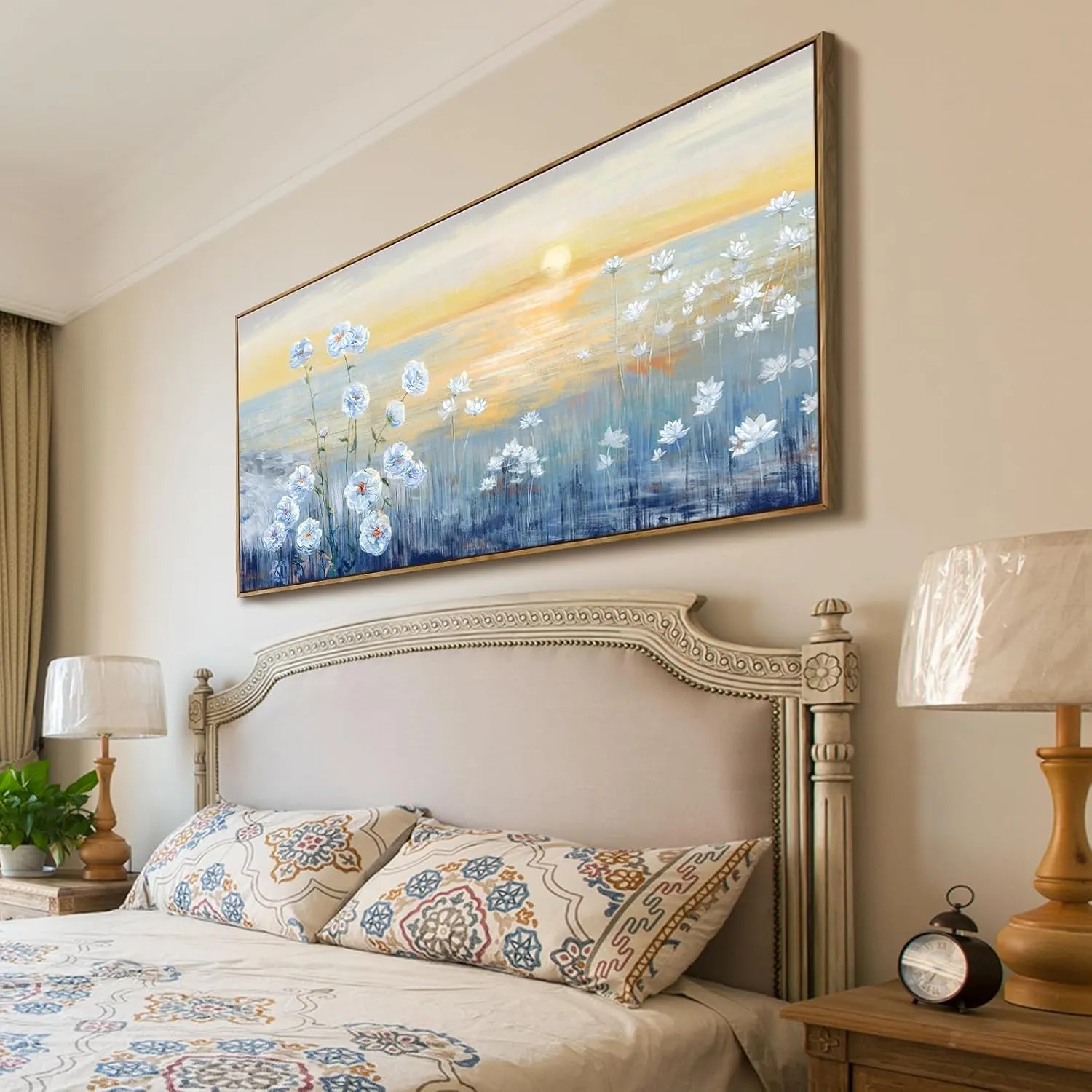 Blue Ocean Sunset Framed Wall Art Abstract Coastal Wild Flowers Beach Picture Sunrise With Yellow Orange Sky Natural Seascape Canvas Print White Wildflowers Sea Landscape Seaside Artwork 30x60inch
