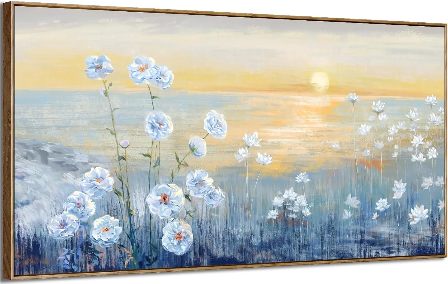 Blue Ocean Sunset Framed Wall Art Abstract Coastal Wild Flowers Beach Picture Sunrise With Yellow Orange Sky Natural Seascape Canvas Print White Wildflowers Sea Landscape Seaside Artwork 30x60inch